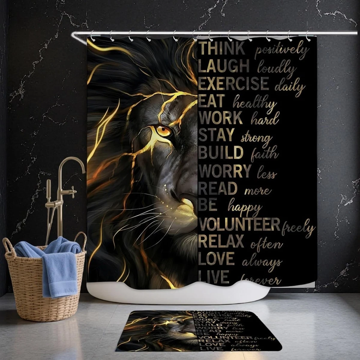 4 Pcs Black Gold Lion Shower Curtain Set with Rugs and Toilet Lid Cover, Insp...