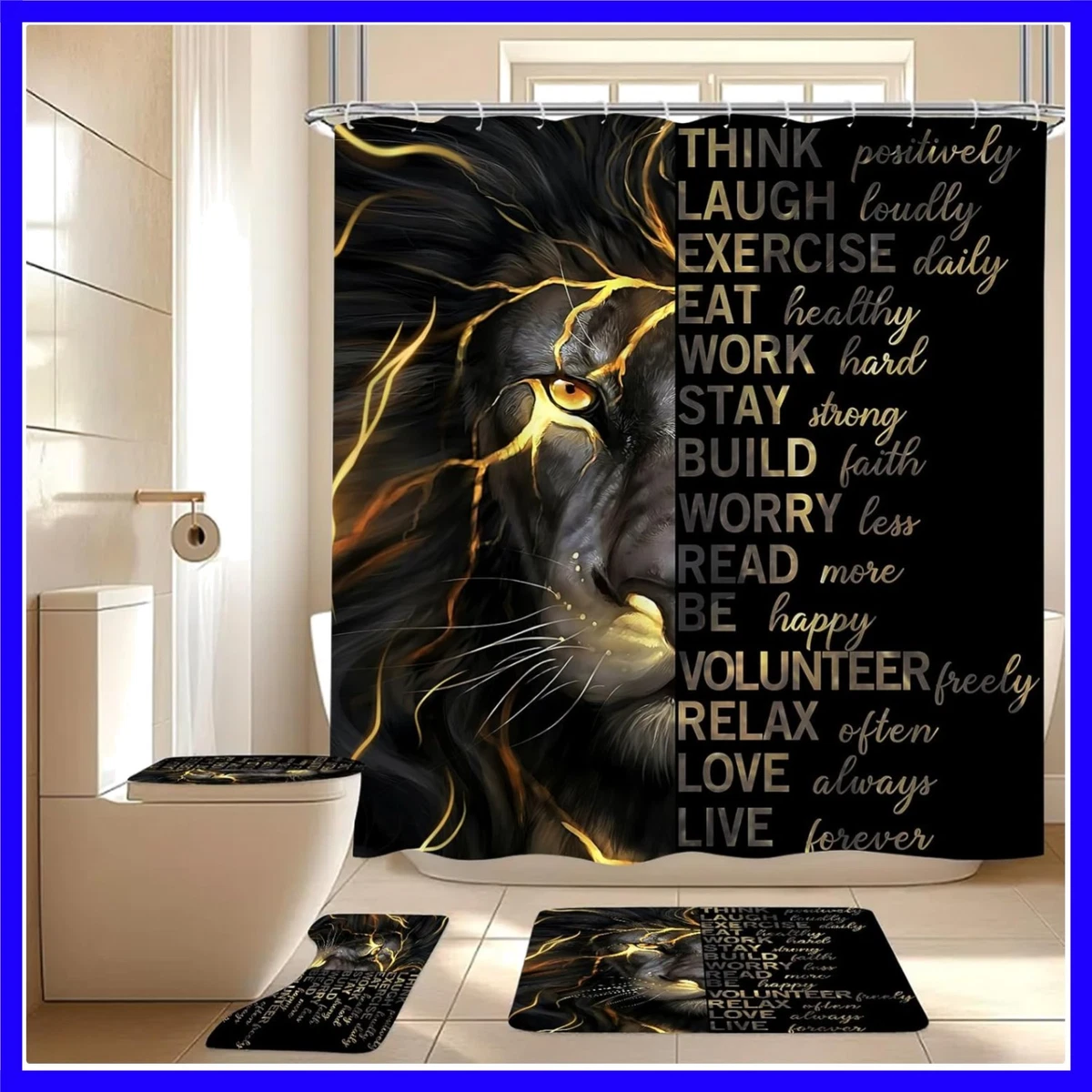 4 Pcs Black Gold Lion Shower Curtain Set with Rugs and Toilet Lid Cover, Insp...