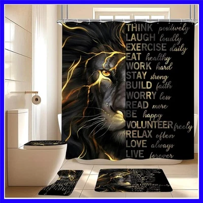 4 Pcs Black Gold Lion Shower Curtain Set with Rugs and Toilet Lid Cover, Insp...