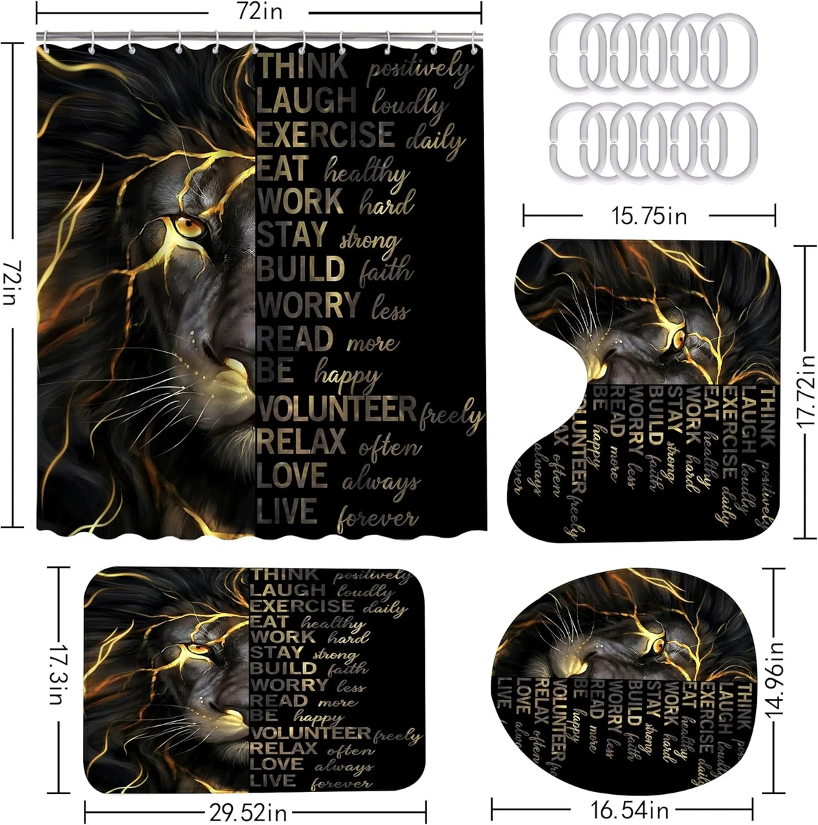 4 Pcs Black Gold Lion Shower Curtain Set with Rugs and Toilet Lid Cover