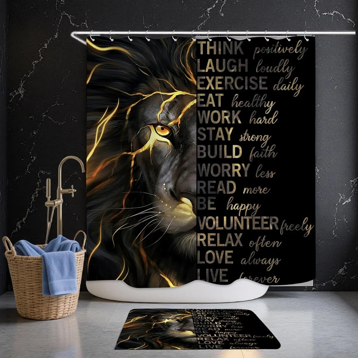 4 Pcs Black Gold Lion Shower Curtain Set with Rugs and Toilet Lid Cover