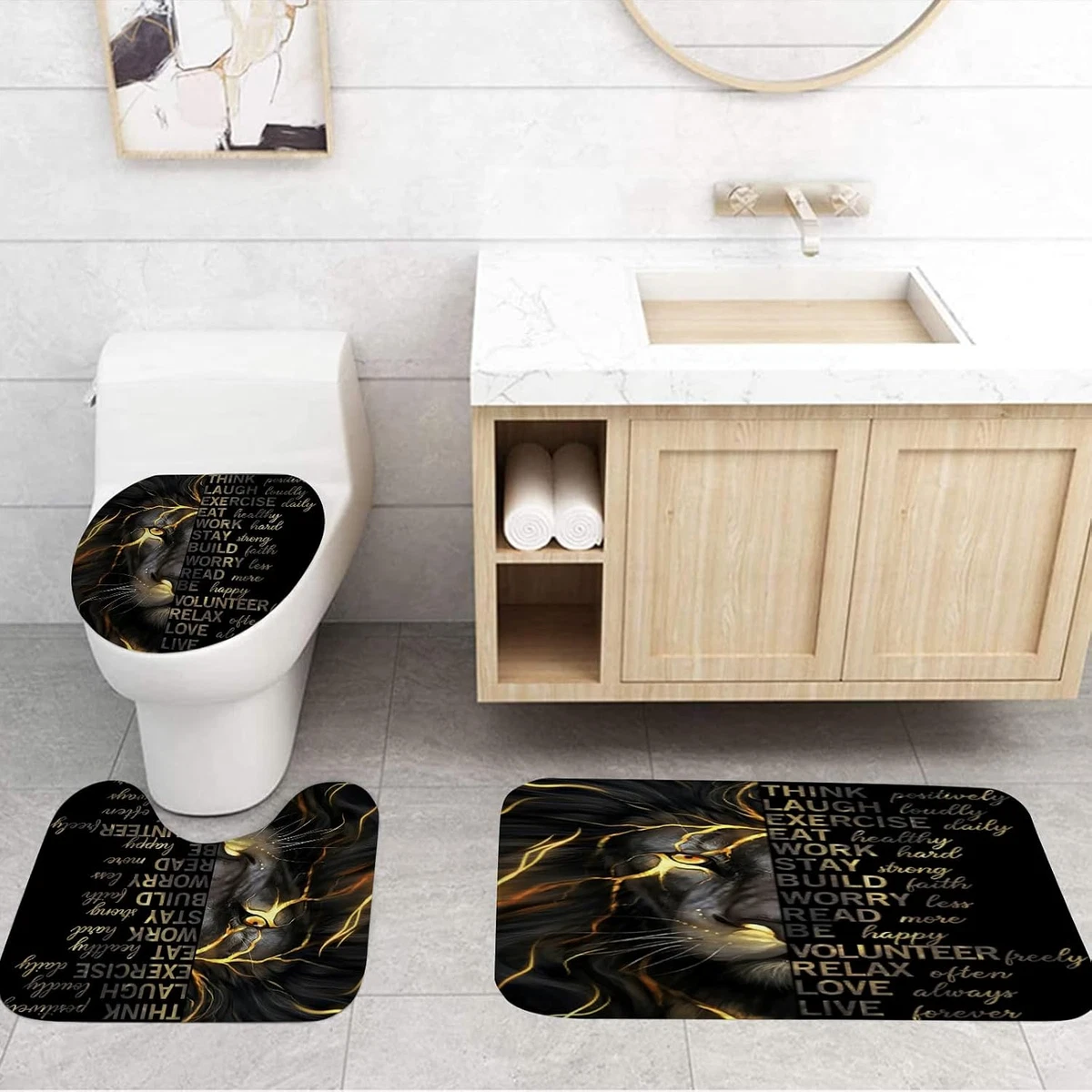 4 Pcs Black Gold Lion Shower Curtain Set with Rugs and Toilet Lid Cover