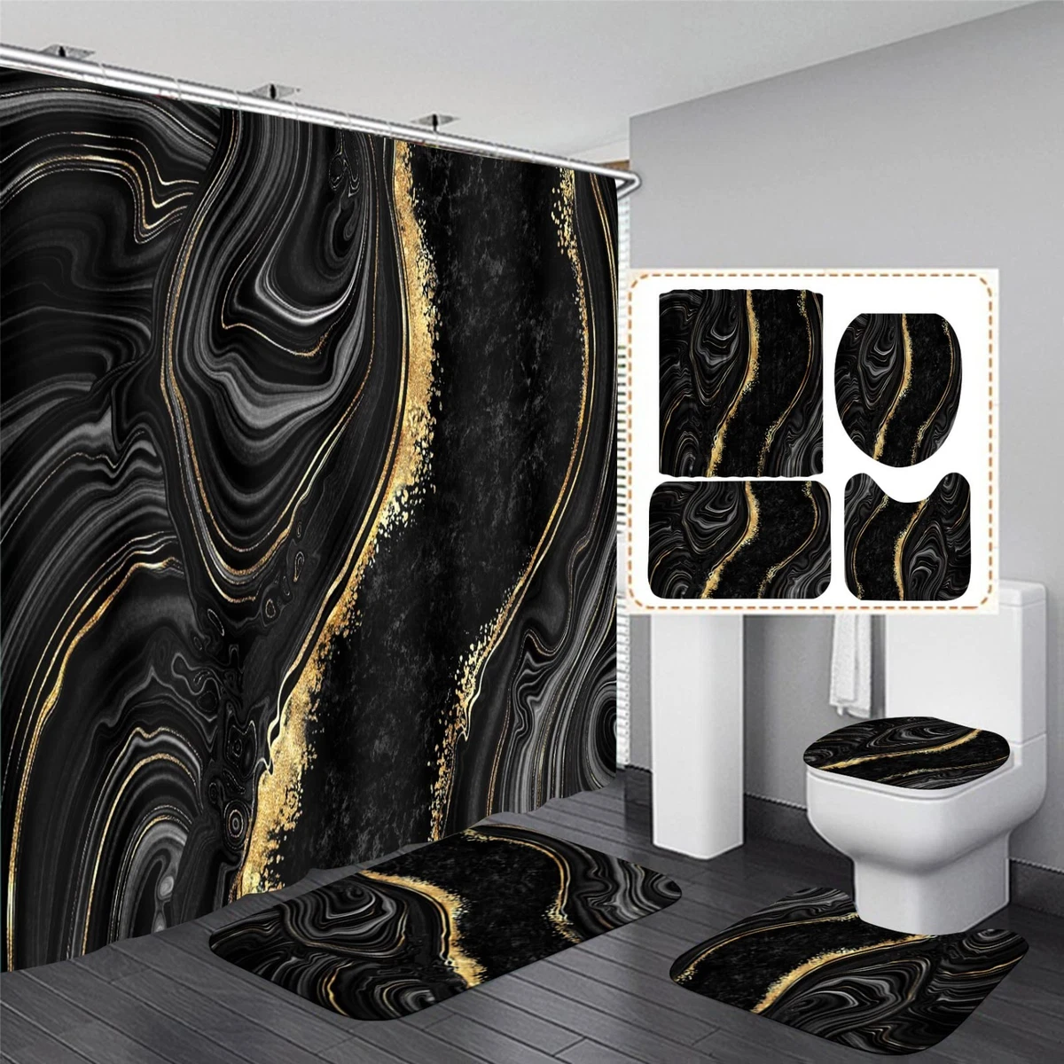 4 Pcs Black Marble Shower Curtain Set with Rugs & Toilet Lid Cover | Gold Bathro