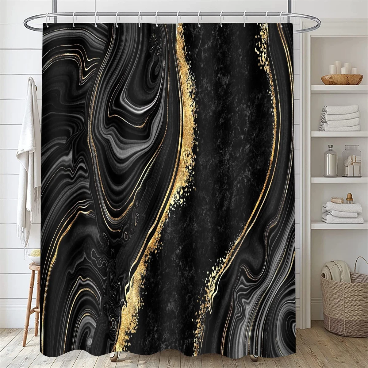 4 Pcs Black Marble Shower Curtain Set with Rugs & Toilet Lid Cover | Gold Bathro