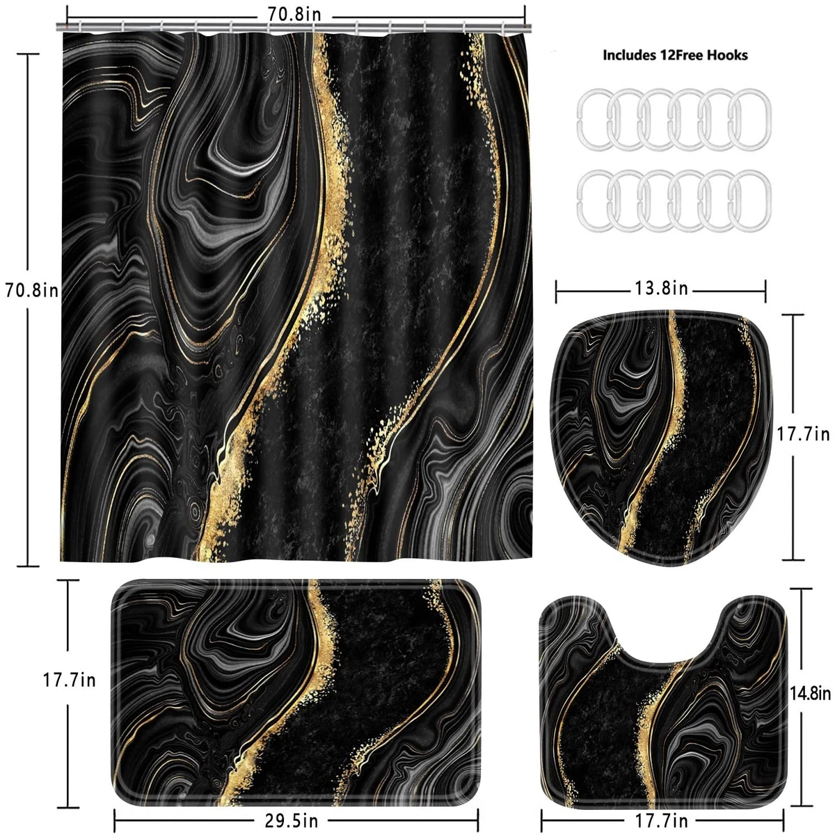 4 Pcs Black Marble Shower Curtain Set with Rugs & Toilet Lid Cover | Gold Bathro