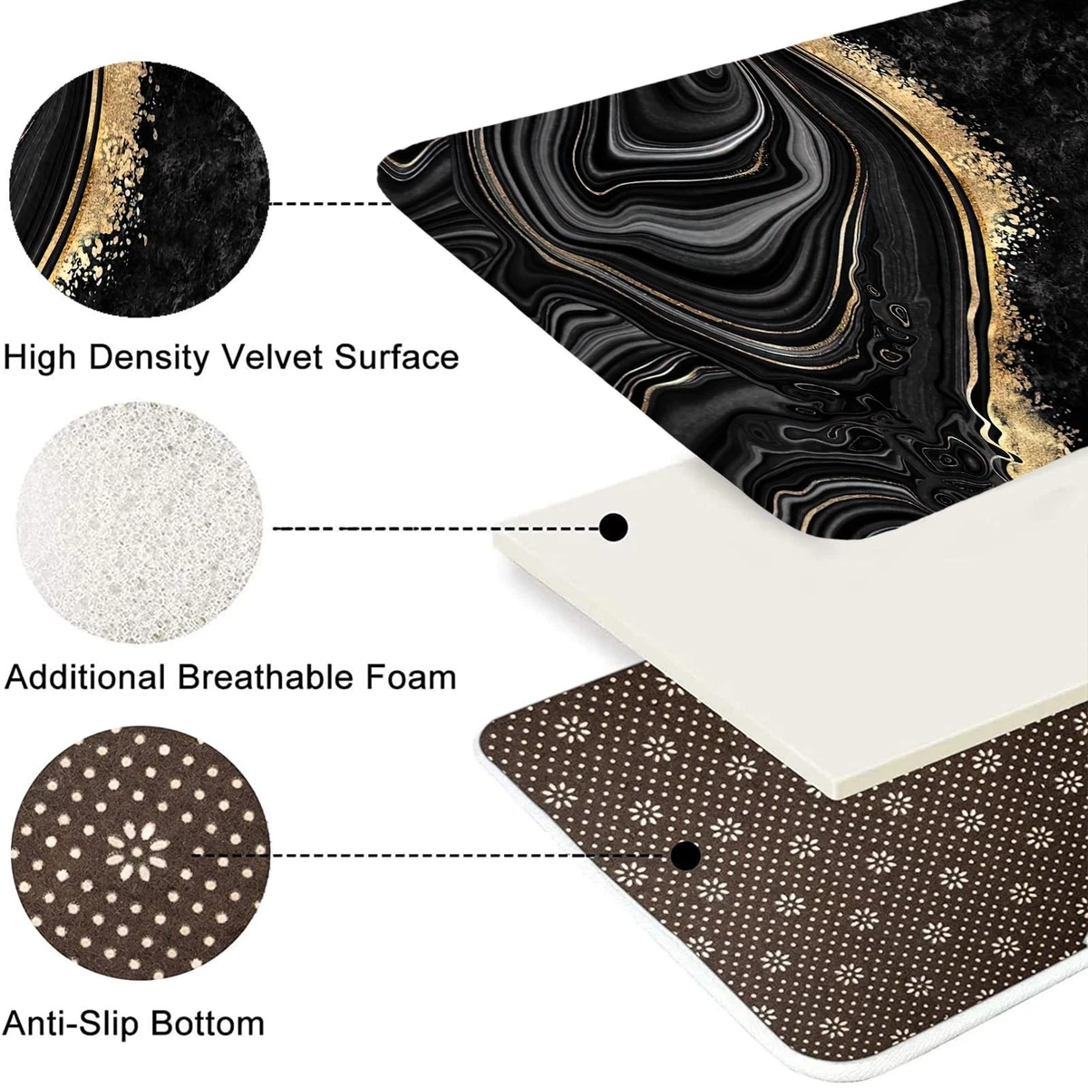 4 Pcs Black Marble Shower Curtain Set with Rugs & Toilet Lid Cover | Gold Bathro