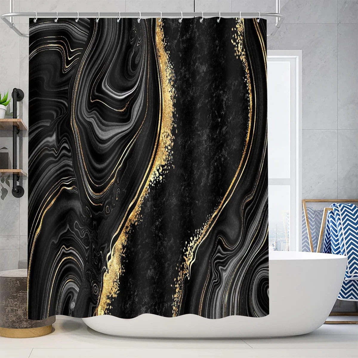 4 Pcs Black Marble Shower Curtain Set with Rugs & Toilet Lid Cover | Gold Bathro