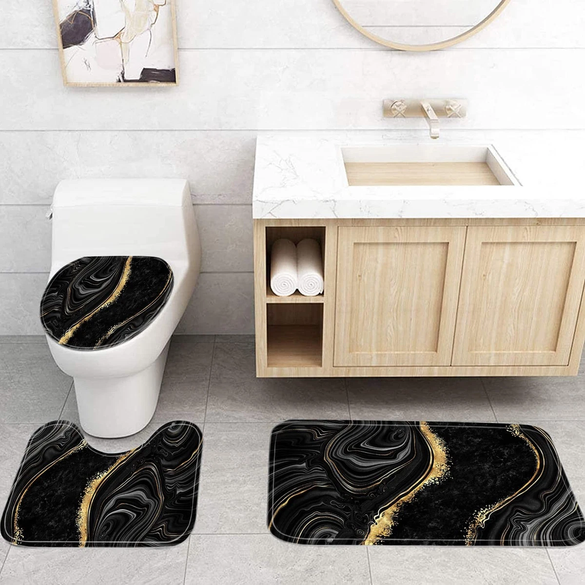 4 Pcs Black Marble Shower Curtain Set with Rugs & Toilet Lid Cover | Gold Bathro