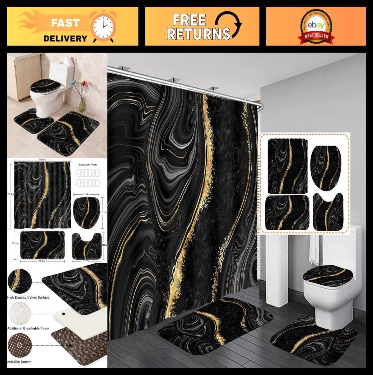 4 Pcs Black Marble Shower Curtain Set with Rugs & Toilet Lid Cover | Gold Bathro