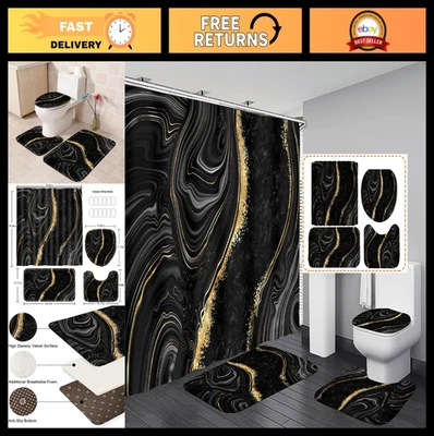 4 Pcs Black Marble Shower Curtain Set with Rugs & Toilet Lid Cover | Gold Bathro