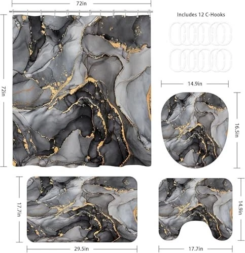 4 Pcs Black Marble Shower Curtain Set with Rugs & Toilet Lid Cover - Modern Bath