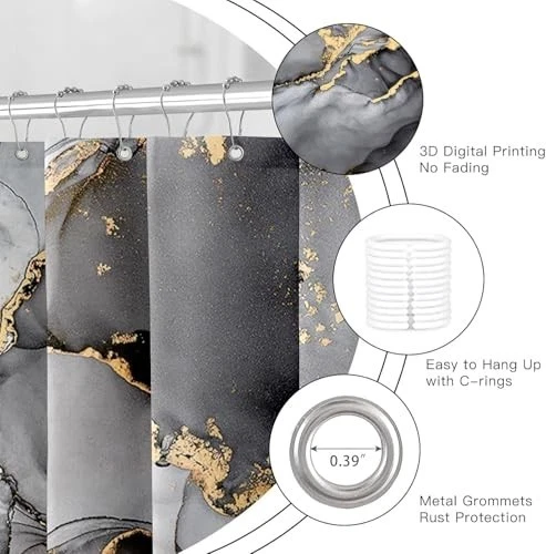 4 Pcs Black Marble Shower Curtain Set with Rugs & Toilet Lid Cover - Modern Bath