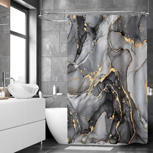 4 Pcs Black Marble Shower Curtain Set with Rugs & Toilet Lid Cover - Modern Bath