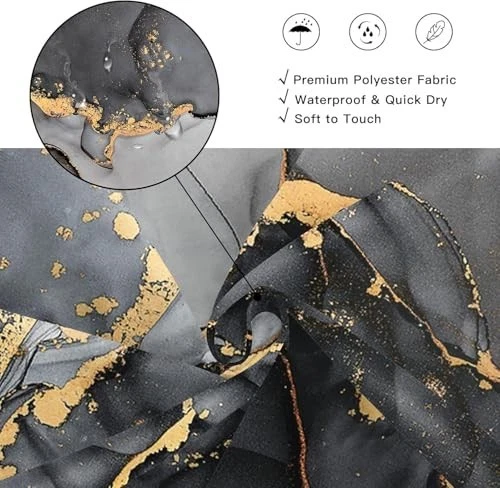 4 Pcs Black Marble Shower Curtain Set with Rugs & Toilet Lid Cover - Modern Bath