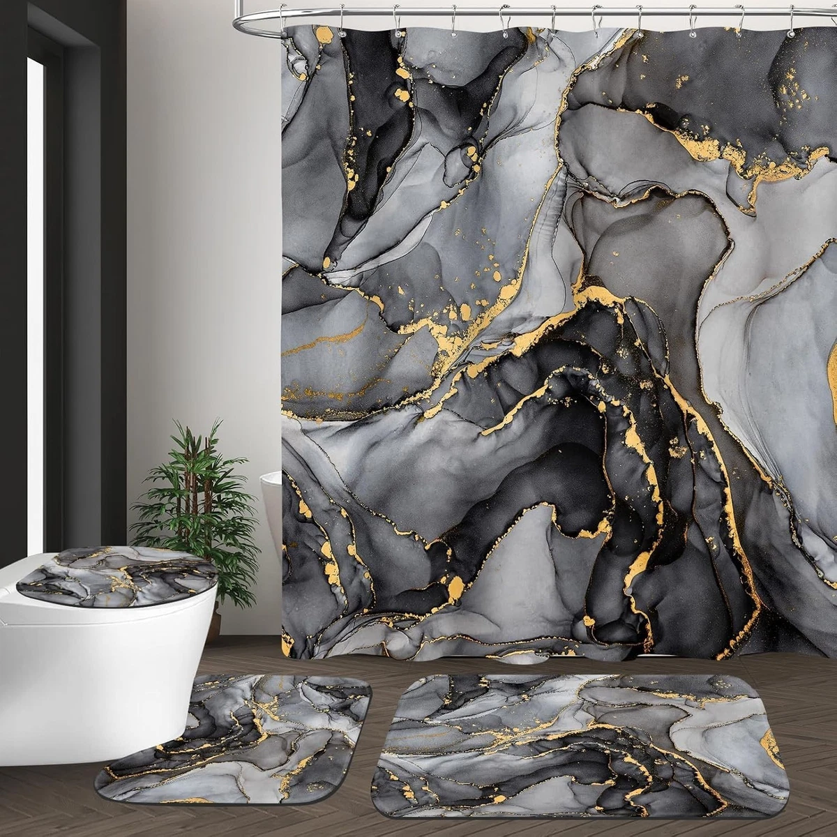 4 Pcs Black Marble Shower Curtain Set with Rugs & Toilet Lid Cover - Modern Bath