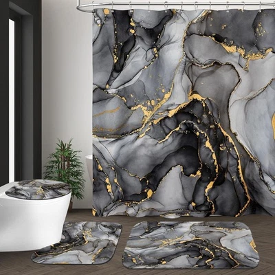 4 Pcs Black Marble Shower Curtain Set with Rugs & Toilet Lid Cover - Modern Bath
