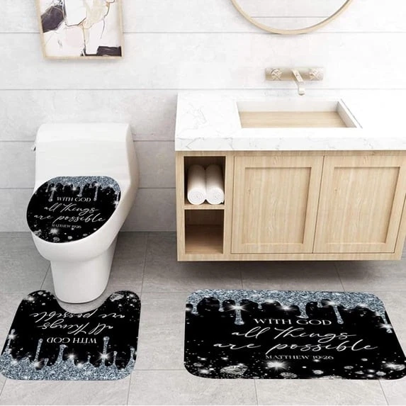 4 Pcs Black Silver Diamonds Shower Curtain Set with Rugs and Toilet Lid Cover, B