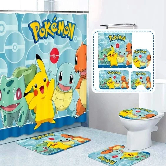 4 Pcs Cartoon Shower Curtain Sets with Non-Slip Rug,Toilet Lid Cover and Absorbe