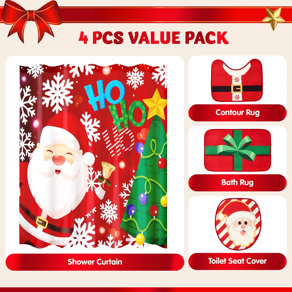 4 Pcs Christmas Bathroom Set with Shower Curtain, Bath Mat, Toilet Lid Cover, U