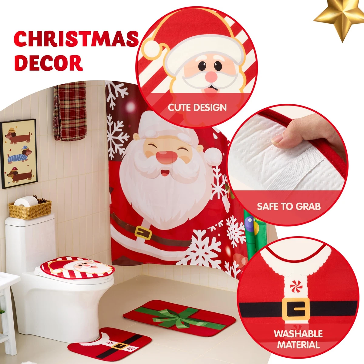 4 Pcs Christmas Bathroom Set with Shower Curtain, Bath Mat, Toilet Lid Cover, U