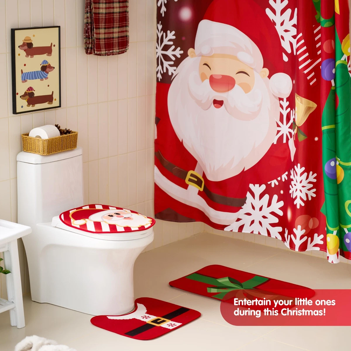4 Pcs Christmas Bathroom Set with Shower Curtain, Bath Mat, Toilet Lid Cover, U