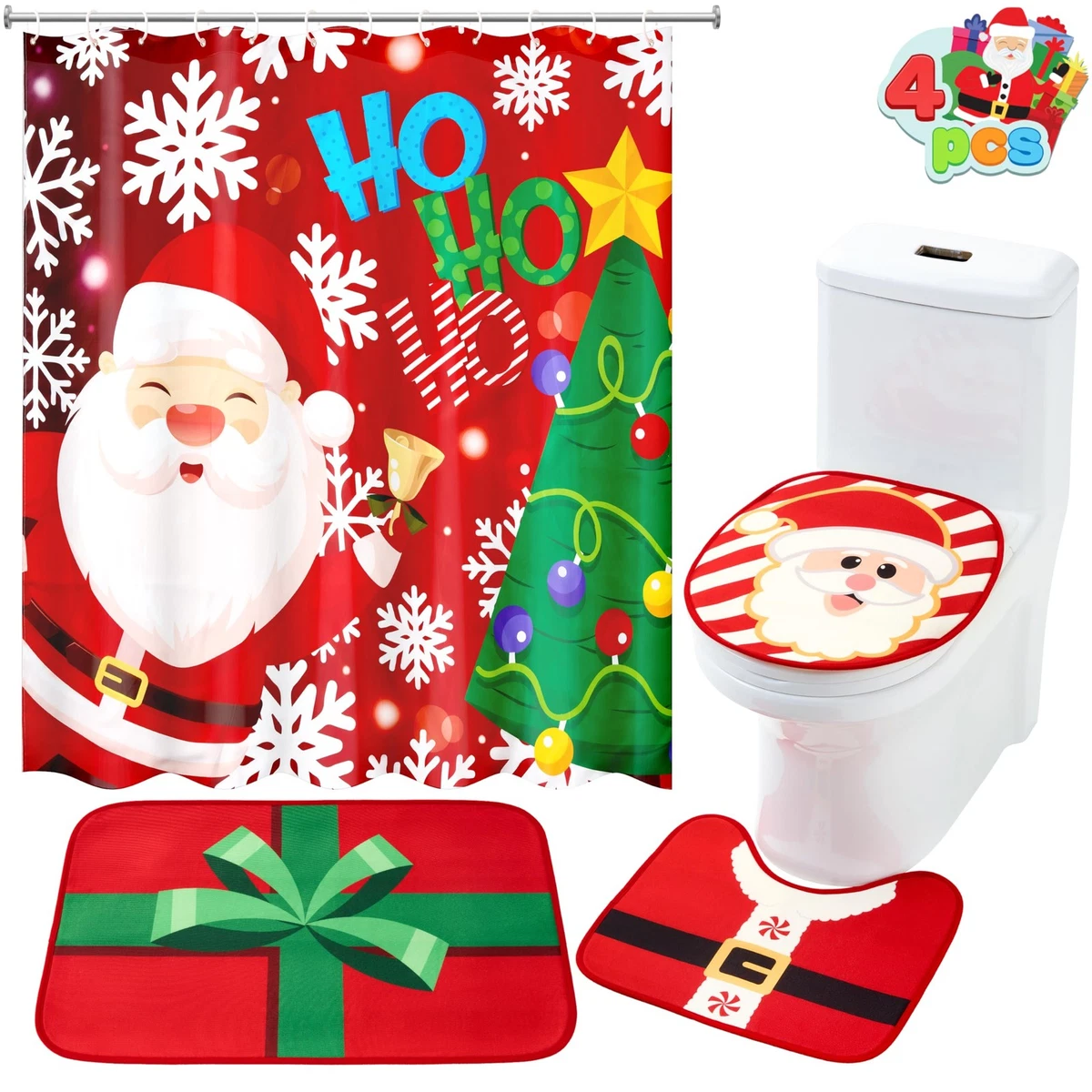 4 Pcs Christmas Bathroom Set with Shower Curtain, Bath Mat, Toilet Lid Cover, U