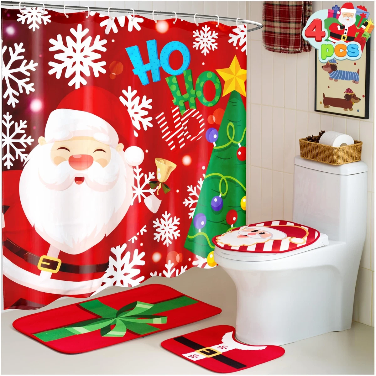 4 Pcs Christmas Bathroom Set with Shower Curtain, Bath Mat, Toilet Lid Cover, U