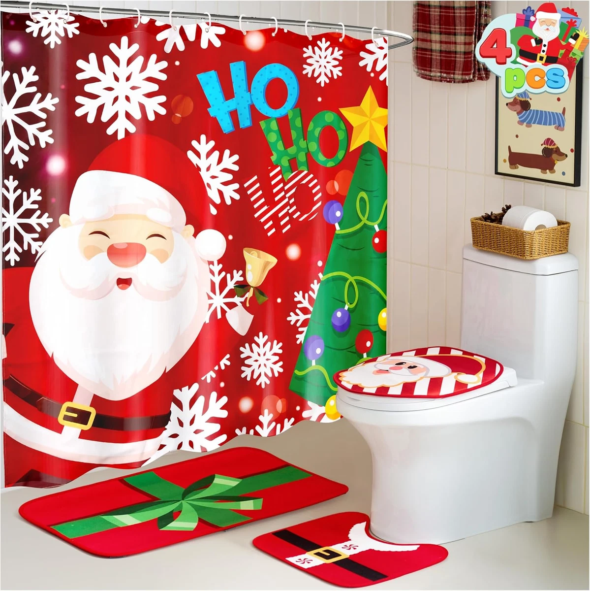 4 Pcs Christmas Bathroom Set with Shower Curtain, Bath Mat, Toilet Lid Cover