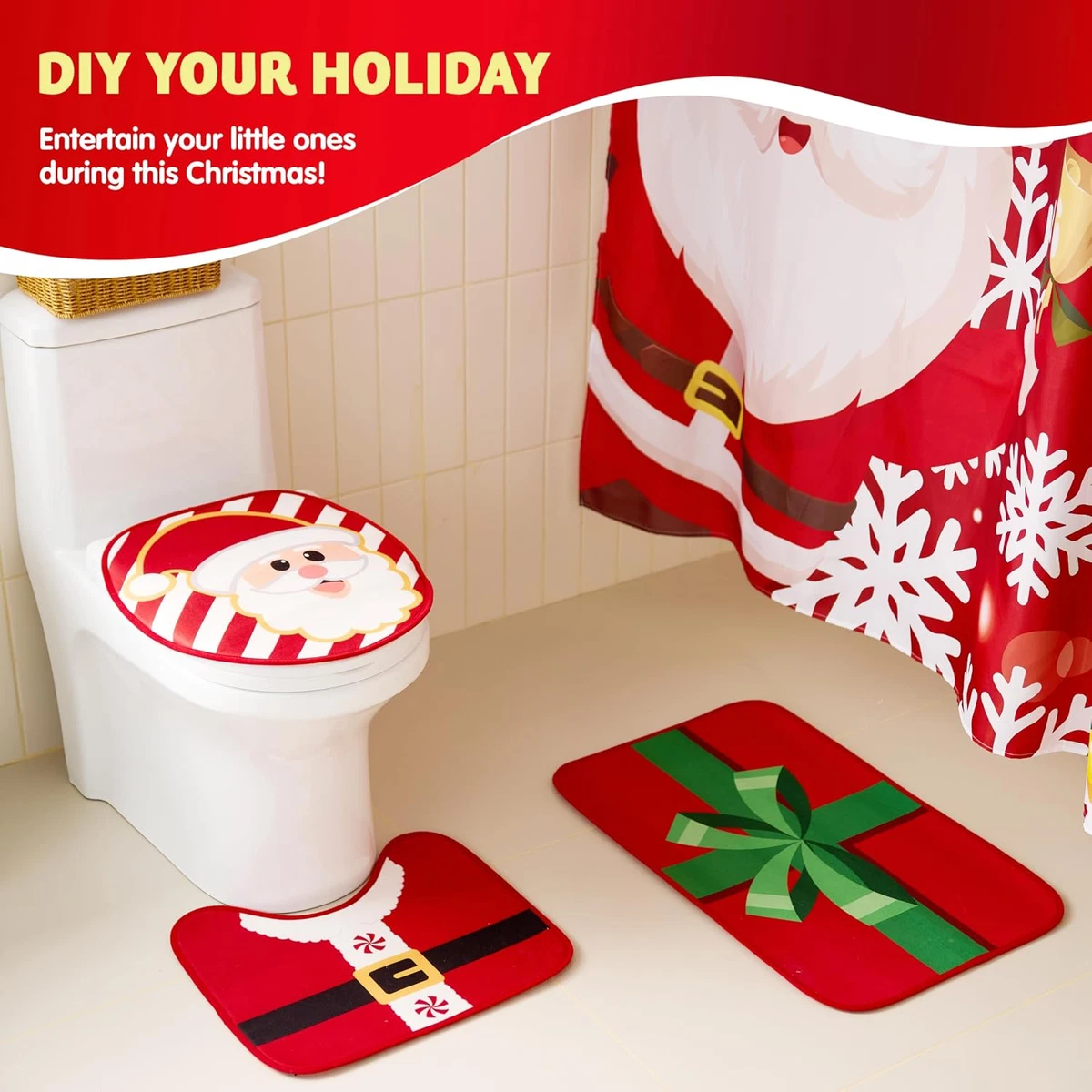 4 Pcs Christmas Bathroom Set with Shower Curtain, Bath Mat, Toilet Lid Cover