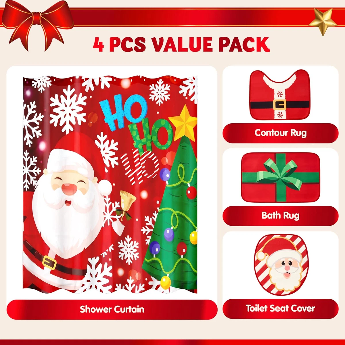 4 Pcs Christmas Bathroom Set with Shower Curtain, Bath Mat, Toilet Lid Cover