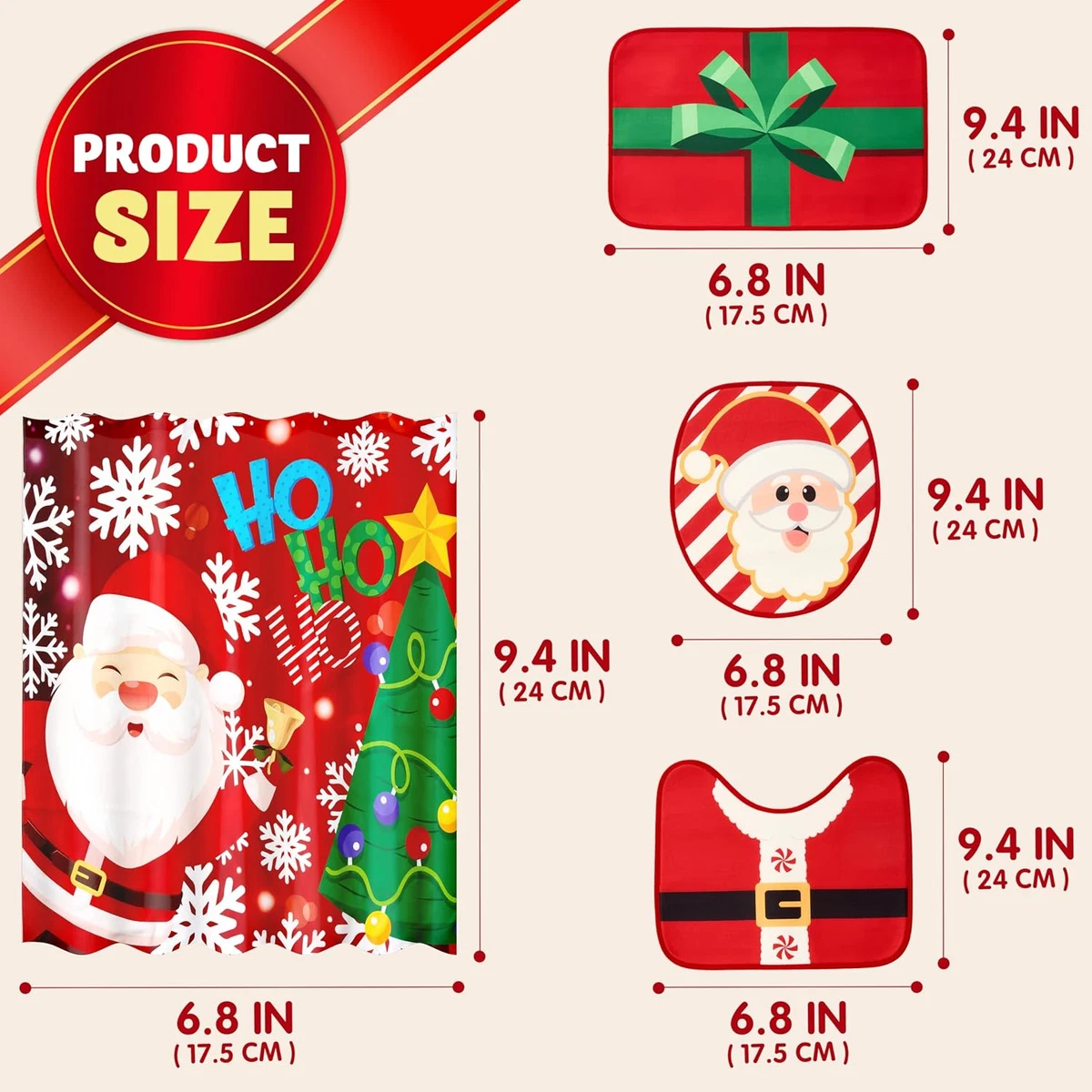 4 Pcs Christmas Bathroom Set with Shower Curtain, Bath Mat, Toilet Lid Cover