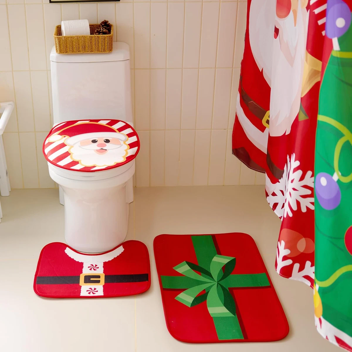4 Pcs Christmas Bathroom Set with Shower Curtain, Bath Mat, Toilet Lid Cover