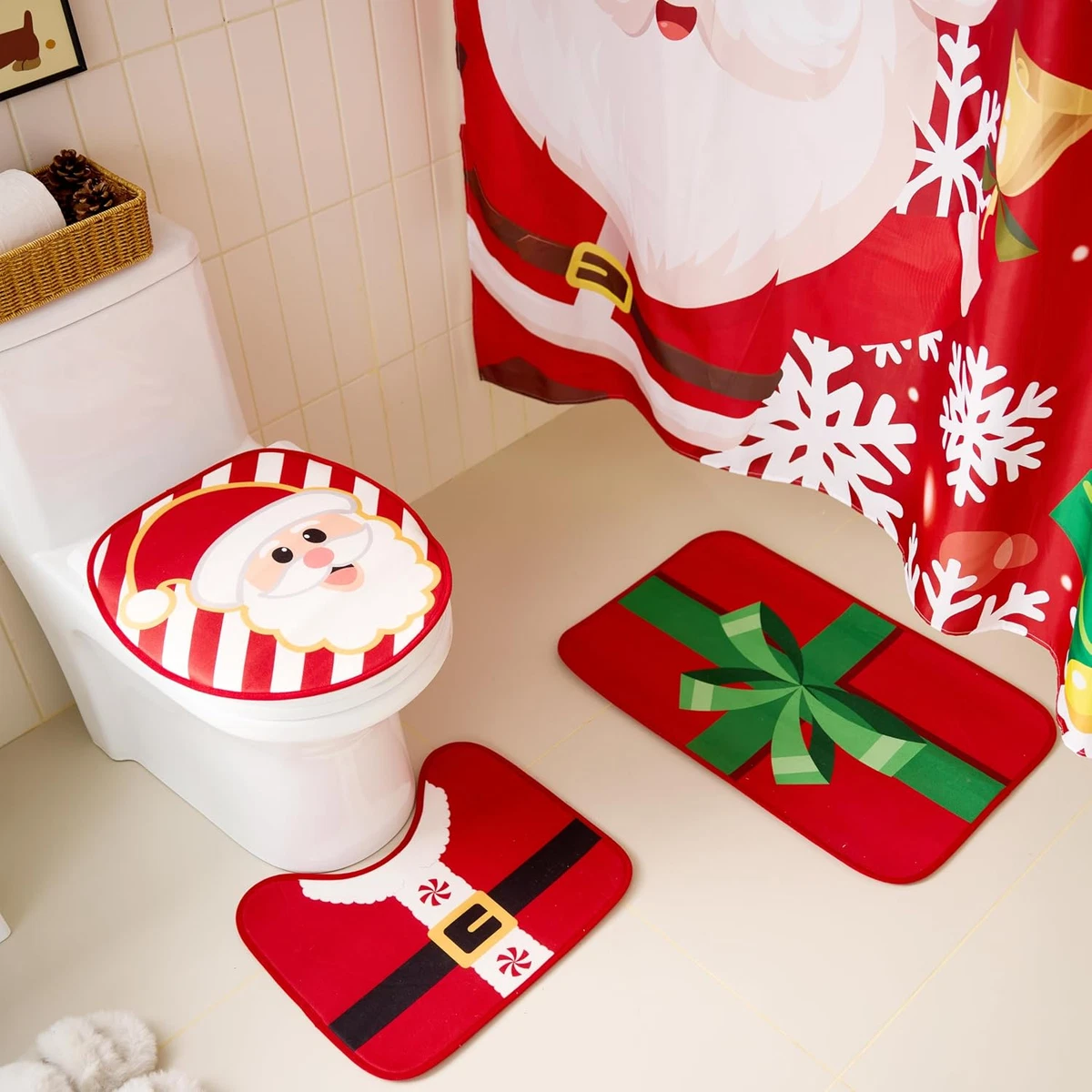 4 Pcs Christmas Bathroom Set with Shower Curtain, Bath Mat, Toilet Lid Cover