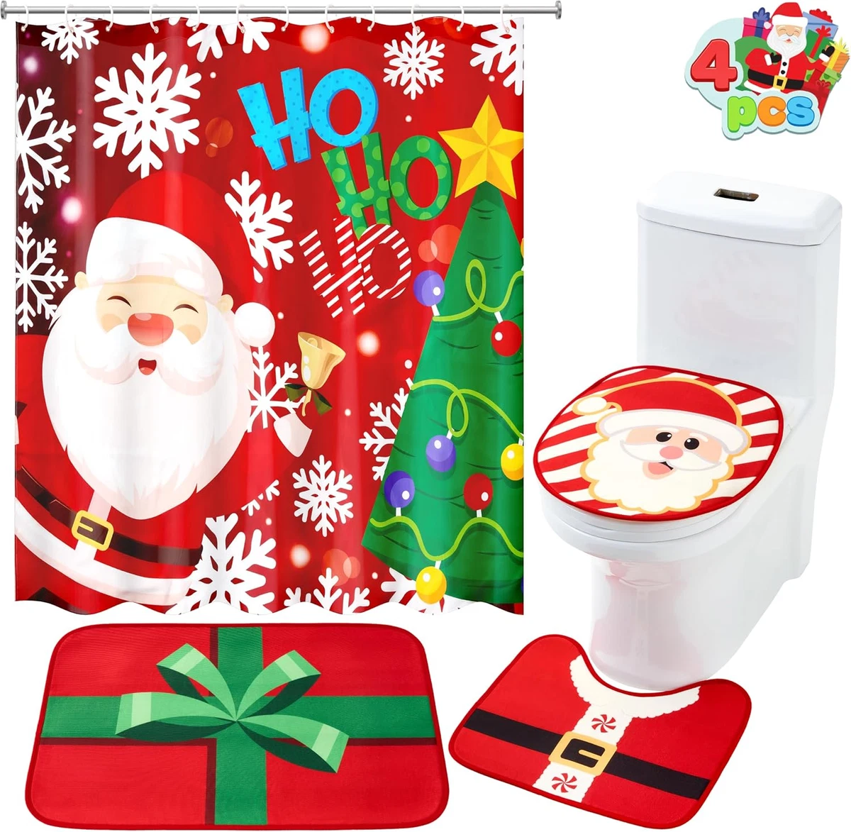4 Pcs Christmas Bathroom Set with Shower Curtain, Bath Mat, Toilet Lid Cover