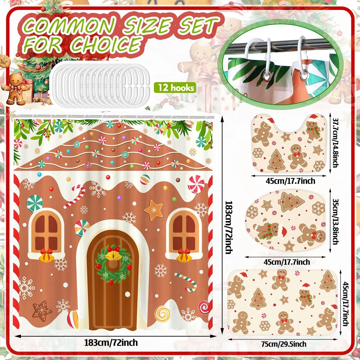 4 PCS Christmas Gingerbread Shower Curtain Set Bathroom Rugs Lid Cover