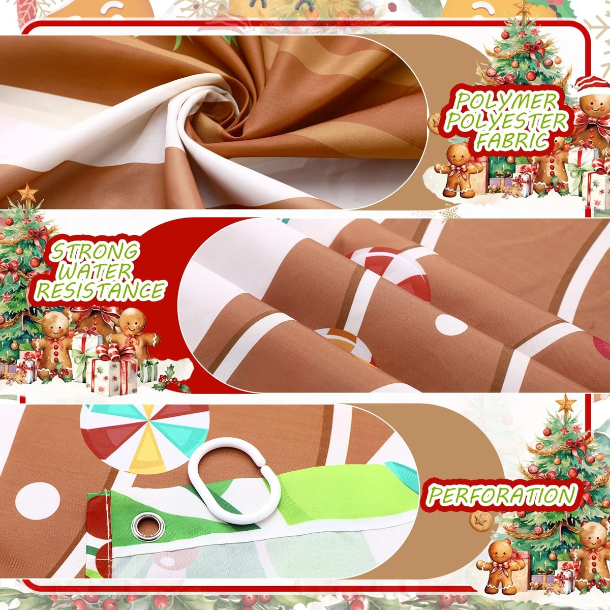 4 PCS Christmas Gingerbread Shower Curtain Set Bathroom Rugs Lid Cover