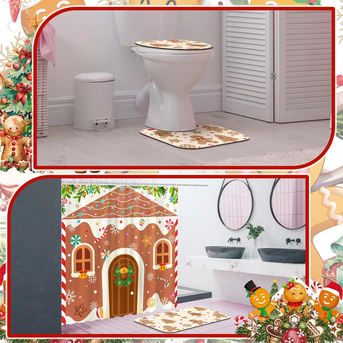 4 PCS Christmas Gingerbread Shower Curtain Set Bathroom Rugs Lid Cover