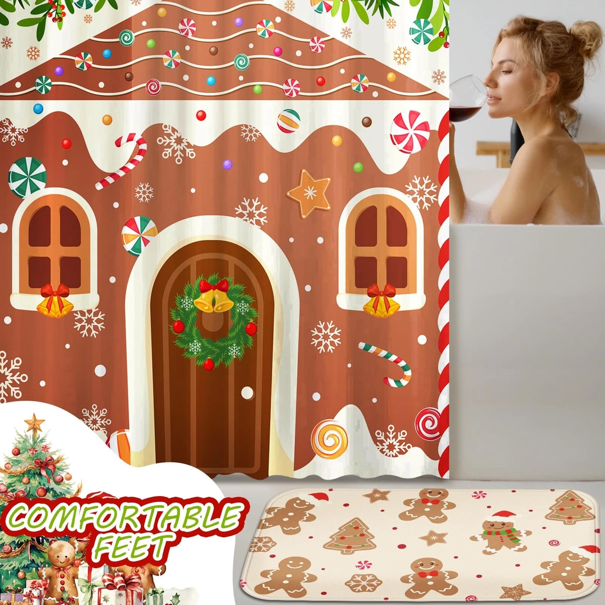 4 PCS Christmas Gingerbread Shower Curtain Set Bathroom Rugs Lid Cover