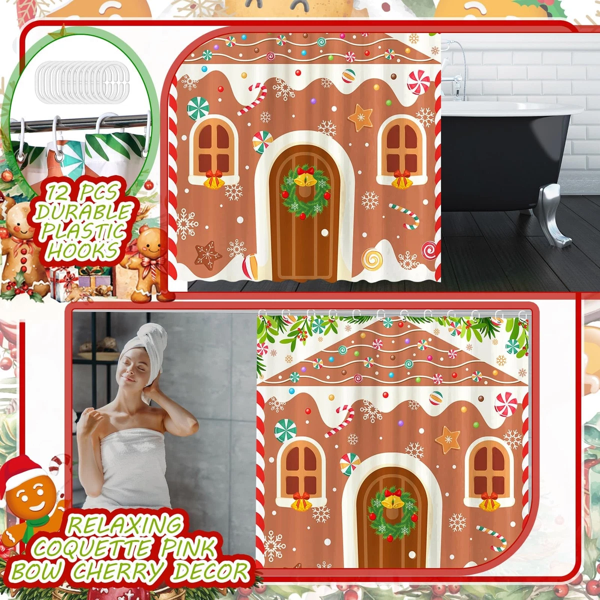 4 PCS Christmas Gingerbread Shower Curtain Set Bathroom Rugs Lid Cover