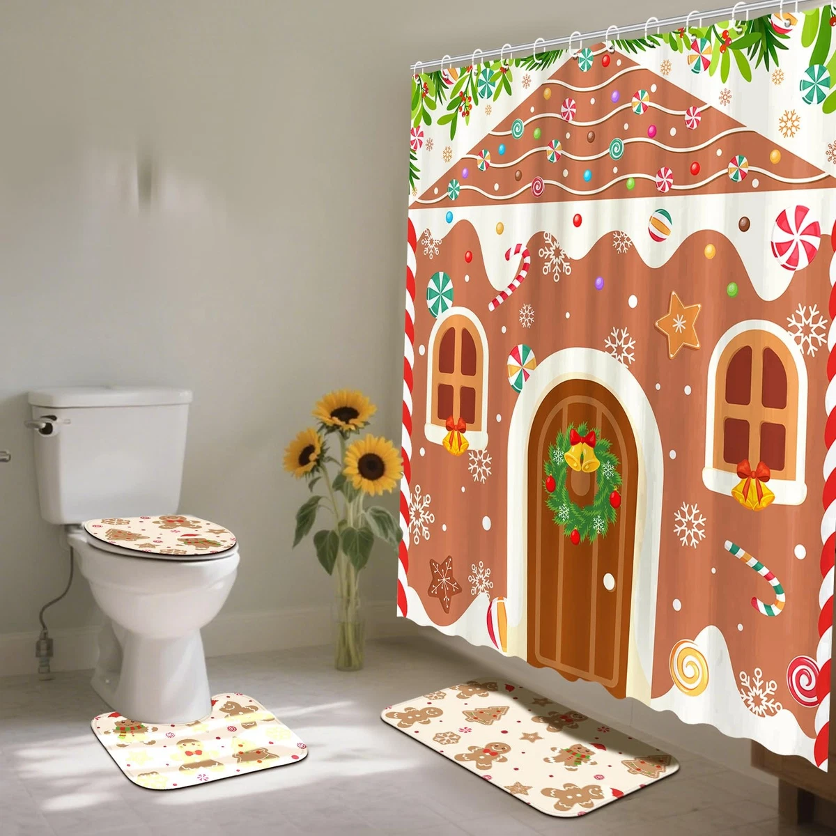 4 PCS Christmas Gingerbread Shower Curtain Set Bathroom Rugs Lid Cover