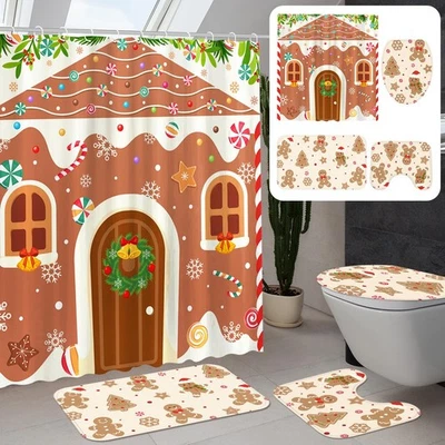 4 PCS Christmas Gingerbread Shower Curtain Set Bathroom Rugs Lid Cover