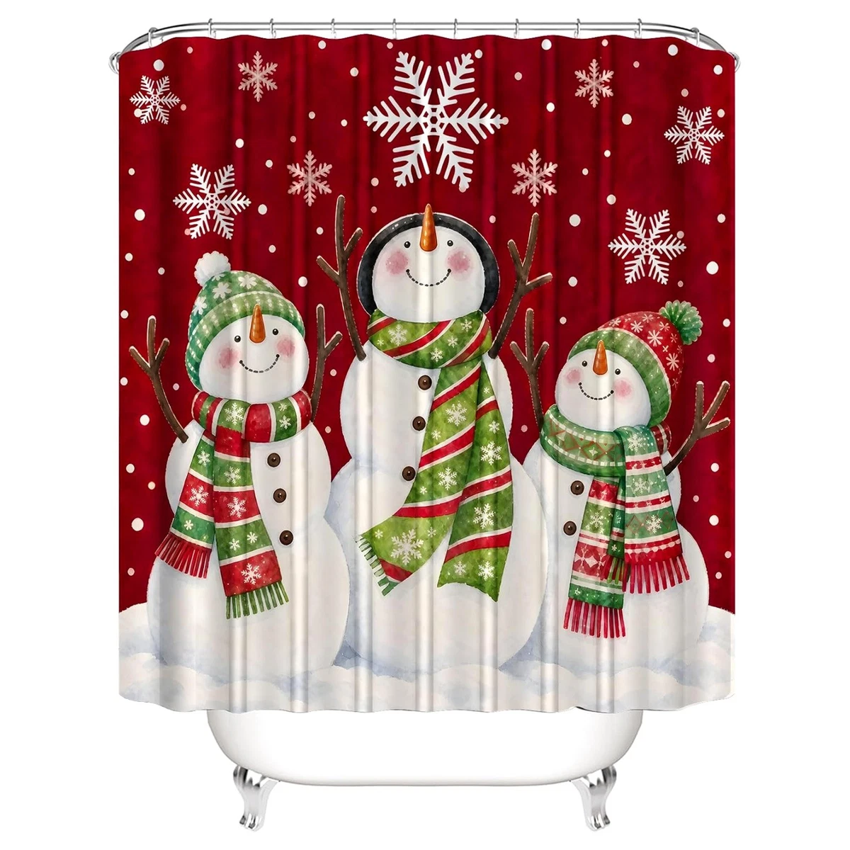 4 Pcs Christmas Snowman Shower Curtain Set with Rugs Bath Mat Toilet Lid Cover