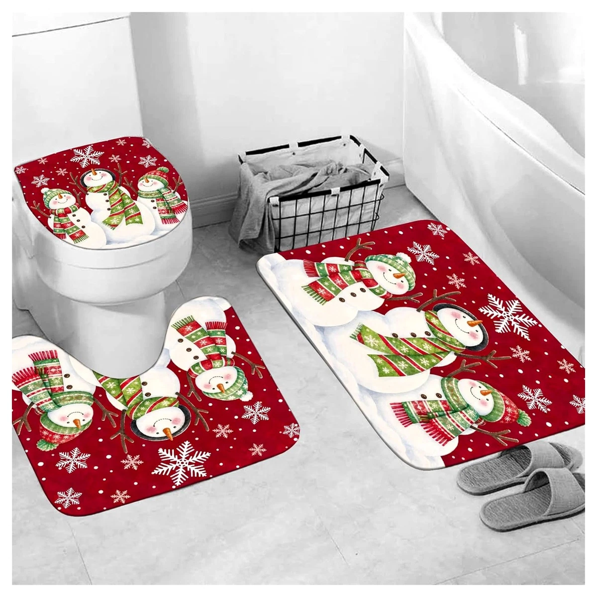 4 Pcs Christmas Snowman Shower Curtain Set with Rugs Bath Mat Toilet Lid Cover