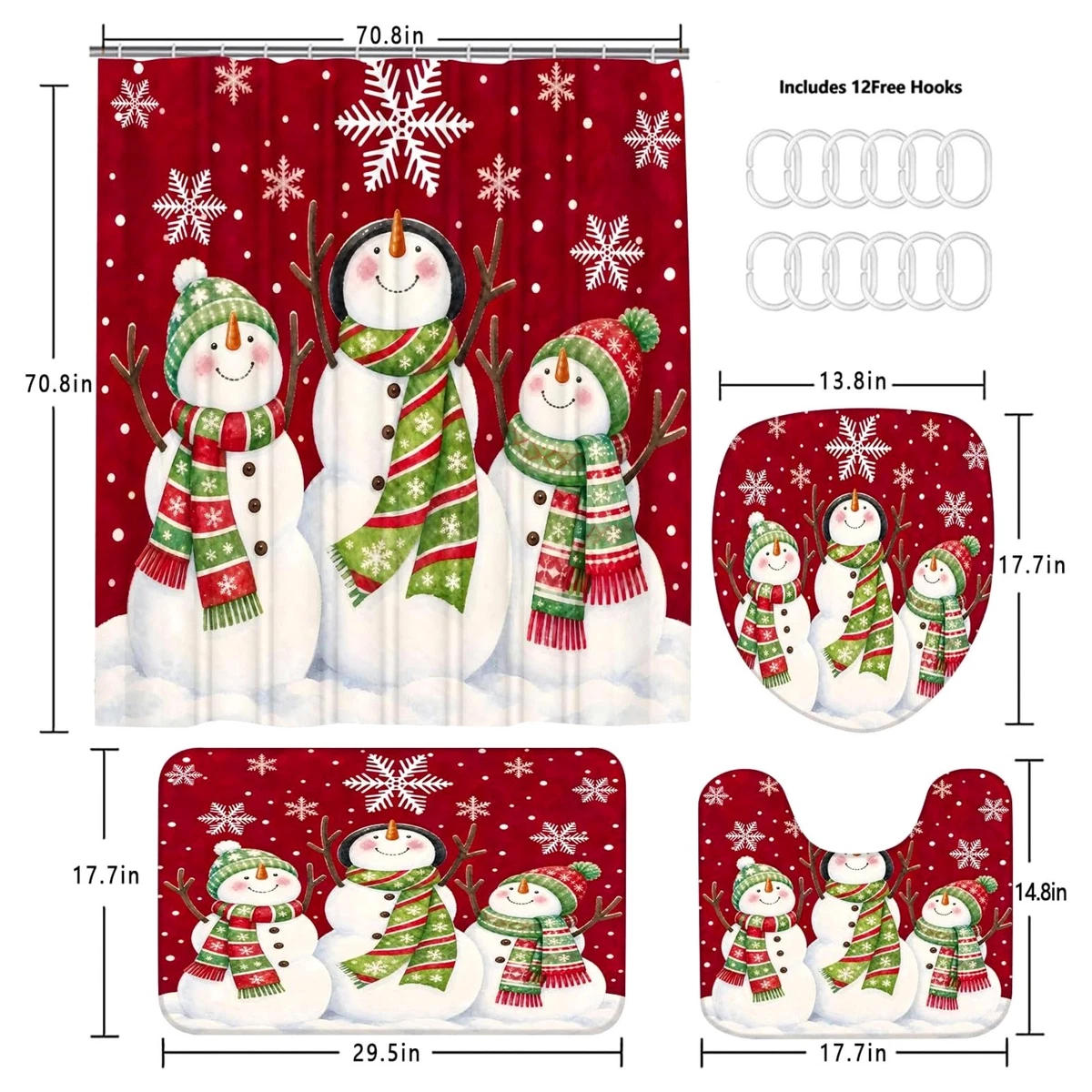 4 Pcs Christmas Snowman Shower Curtain Set with Rugs Bath Mat Toilet Lid Cover