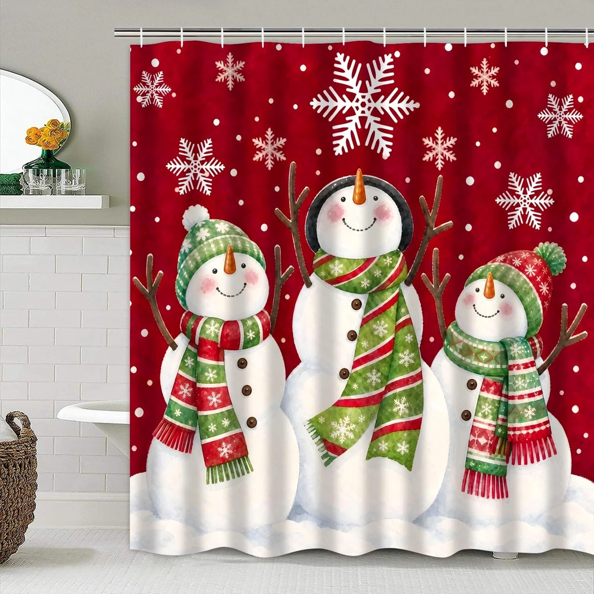 4 Pcs Christmas Snowman Shower Curtain Set with Rugs Bath Mat Toilet Lid Cover