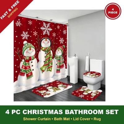 4 Pcs Christmas Snowman Shower Curtain Set with Rugs Bath Mat Toilet Lid Cover