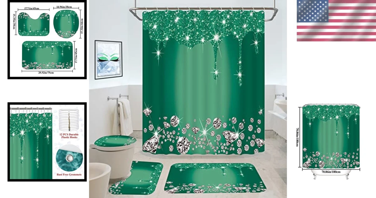 4 Pcs Deep Green Shower Curtain Set w/ Rug & Toilet Cover