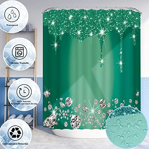 4 Pcs Deep Green Shower Curtain Set w/ Rug & Toilet Cover
