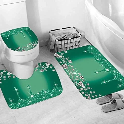 4 Pcs Deep Green Shower Curtain Set w/ Rug & Toilet Cover