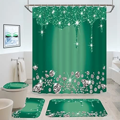 4 Pcs Deep Green Shower Curtain Set w/ Rug & Toilet Cover